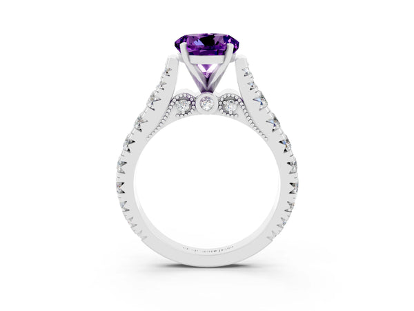 Silver Round Cut Amethyst Classic Solitaire Ring with Pavé Band and Four-Prong Setting