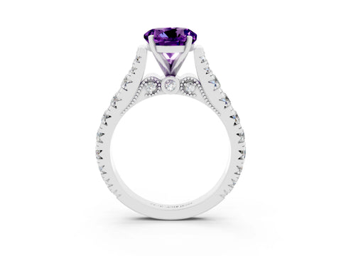 White gold Round Cut Amethyst Classic Solitaire Ring with Pavé Band and Four-Prong Setting_3