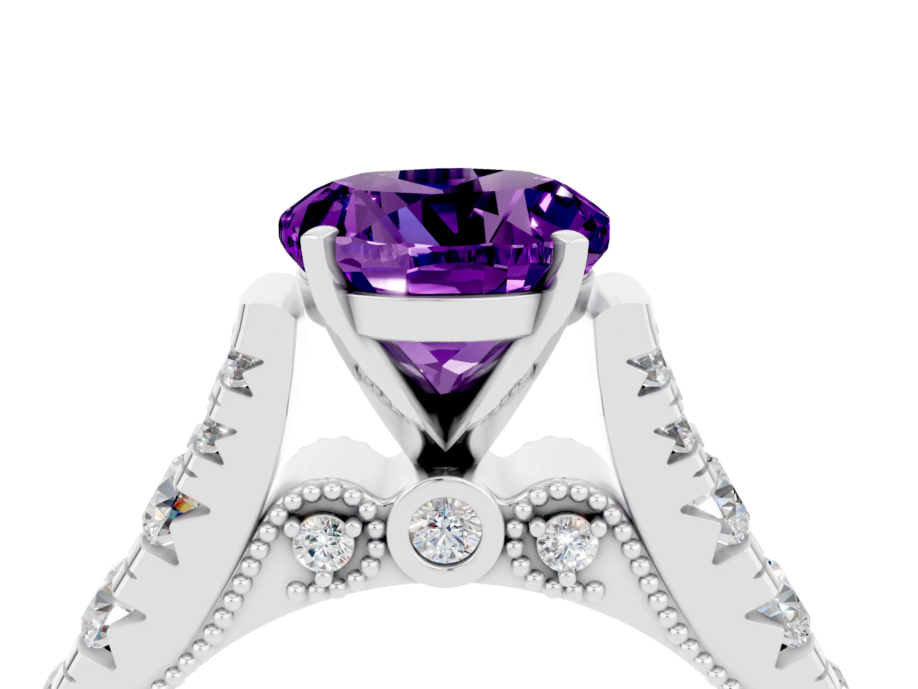White gold Round Cut Amethyst Classic Solitaire Ring with Pavé Band and Four-Prong Setting_4