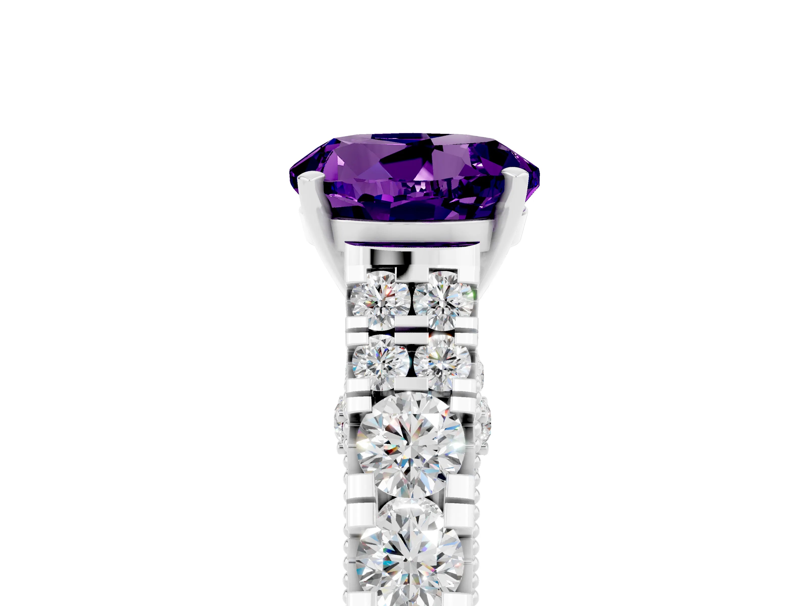 White gold Round Cut Amethyst Classic Solitaire Ring with Pavé Band and Four-Prong Setting_5
