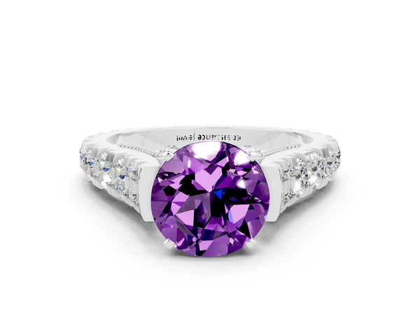 Silver Round Cut Amethyst Classic Solitaire Ring with Pavé Band and Four-Prong Setting