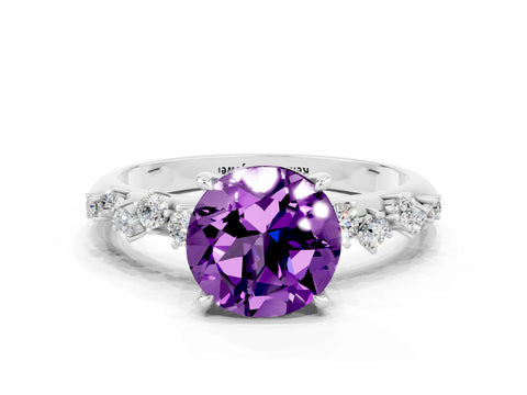 White gold Round Cut Amethyst Cluster Side Stone Solitaire Ring with Prong Setting_24