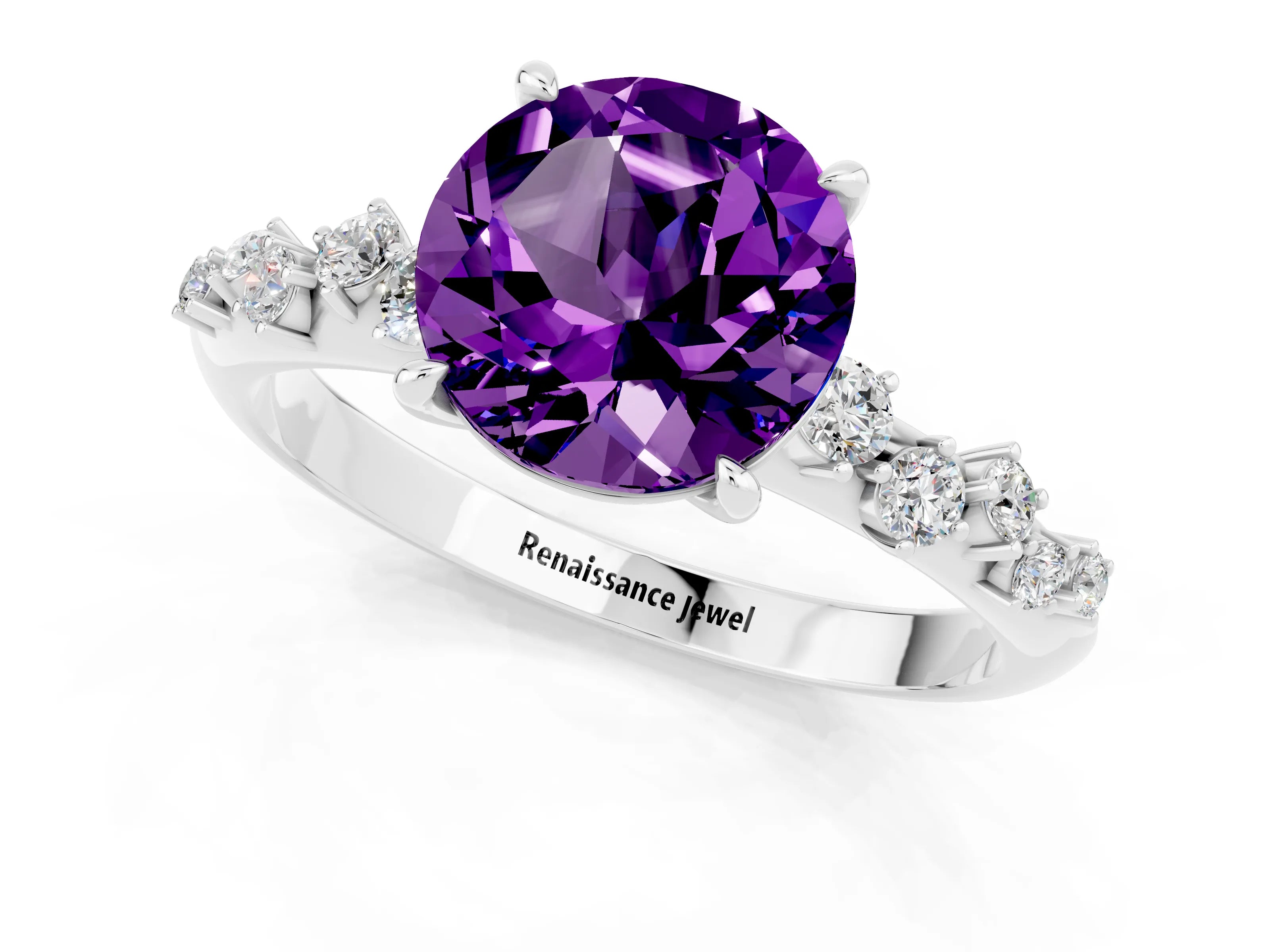 White gold Round Cut Amethyst Cluster Side Stone Solitaire Ring with Prong Setting_25