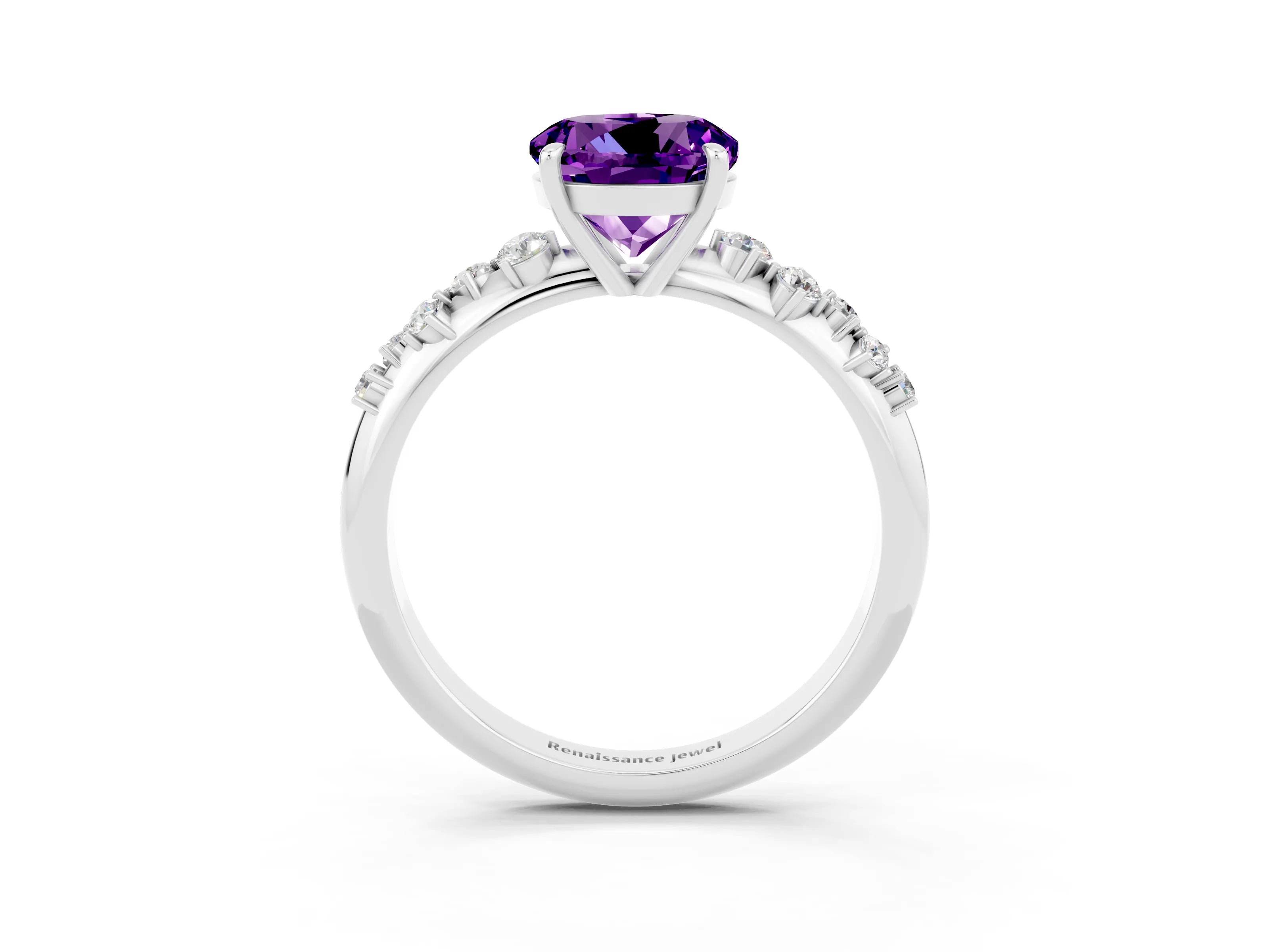 White gold Round Cut Amethyst Cluster Side Stone Solitaire Ring with Prong Setting_27