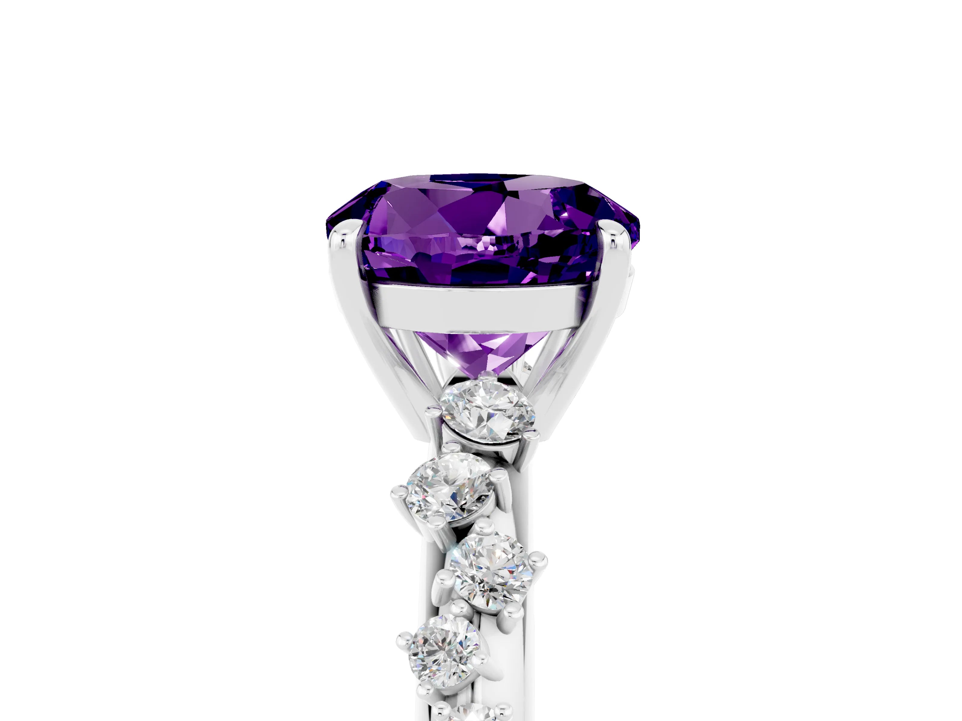 White gold Round Cut Amethyst Cluster Side Stone Solitaire Ring with Prong Setting_29