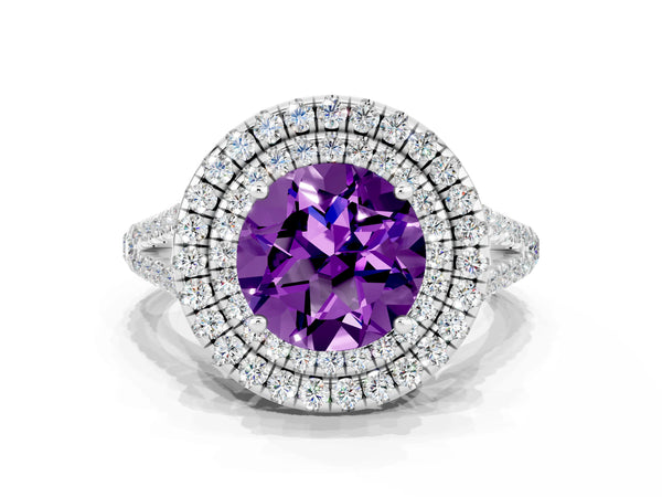 Platinum Round Cut Amethyst Double Halo Ring with Pavé Band and Prong Setting