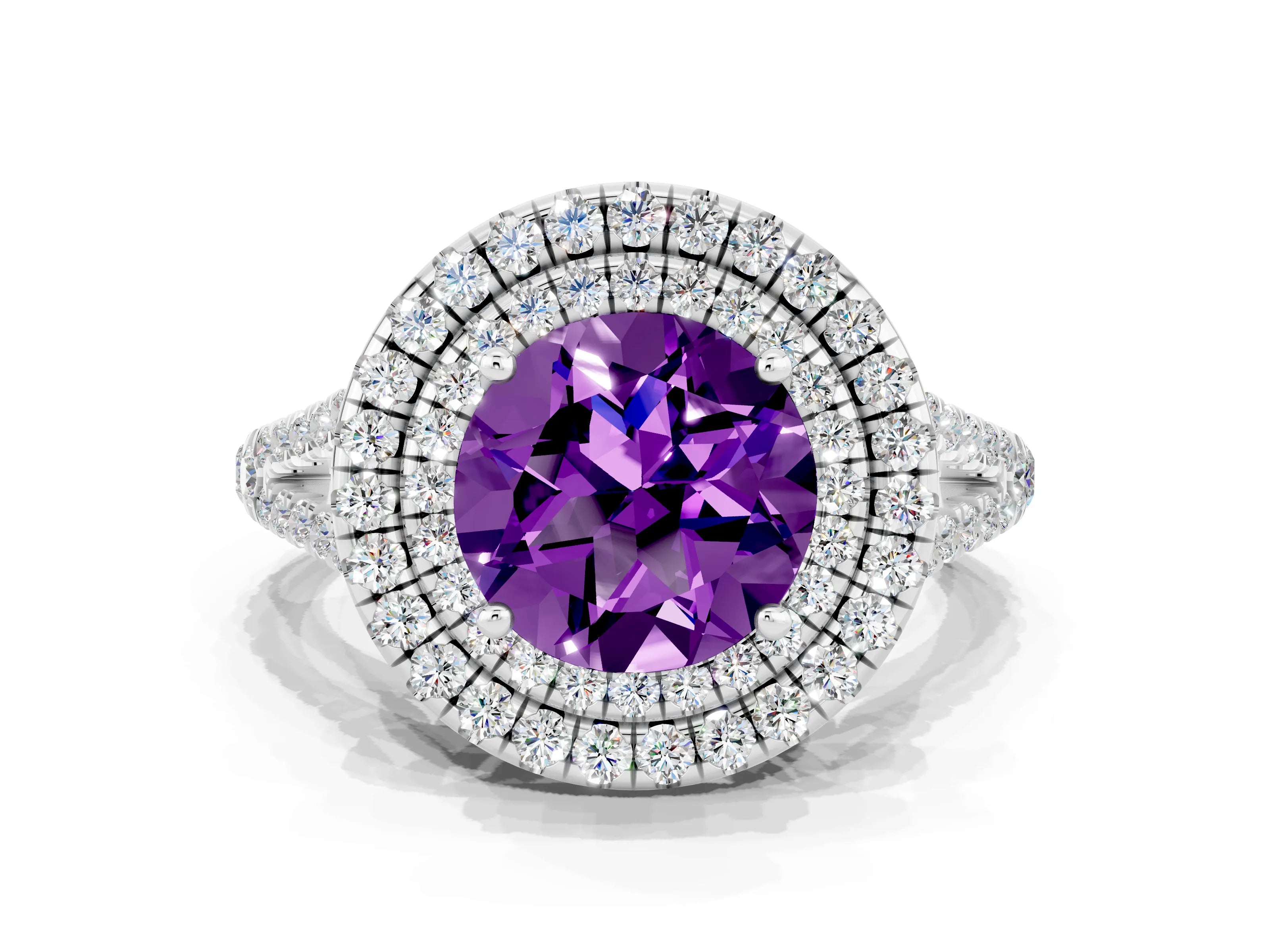 White gold Round Cut Amethyst Double Halo Ring with Pavé Band and Prong Setting_12