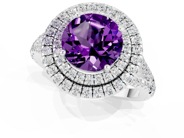 Platinum Round Cut Amethyst Double Halo Ring with Pavé Band and Prong Setting