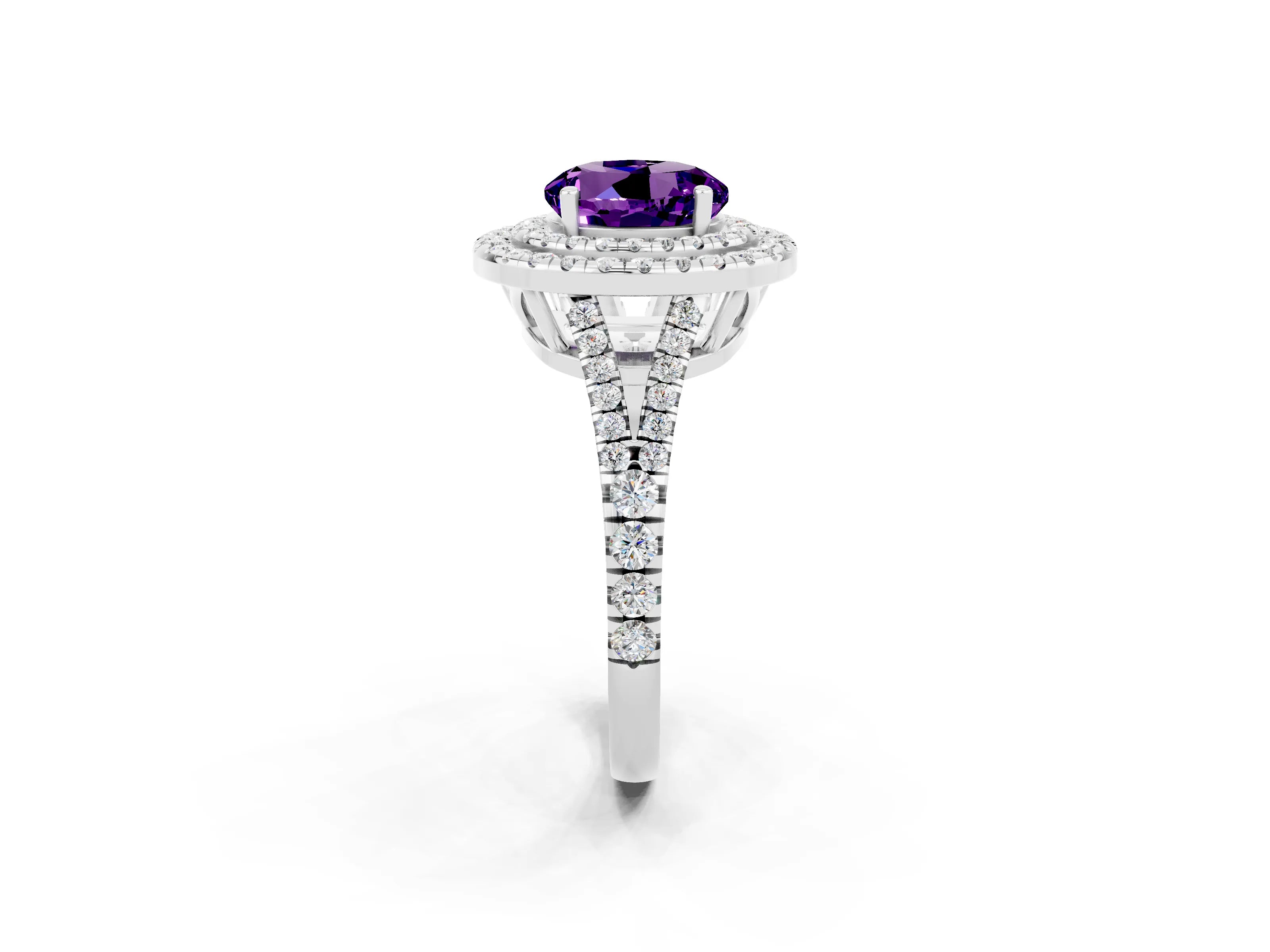 White gold Round Cut Amethyst Double Halo Ring with Pavé Band and Prong Setting_14