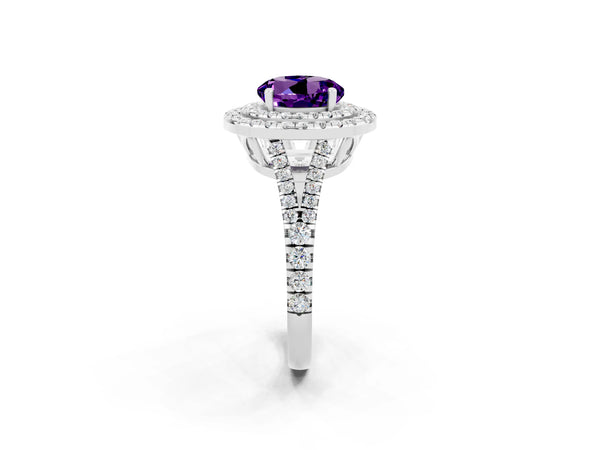 Platinum Round Cut Amethyst Double Halo Ring with Pavé Band and Prong Setting