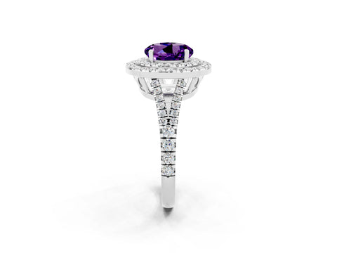 White gold Round Cut Amethyst Double Halo Ring with Pavé Band and Prong Setting_14