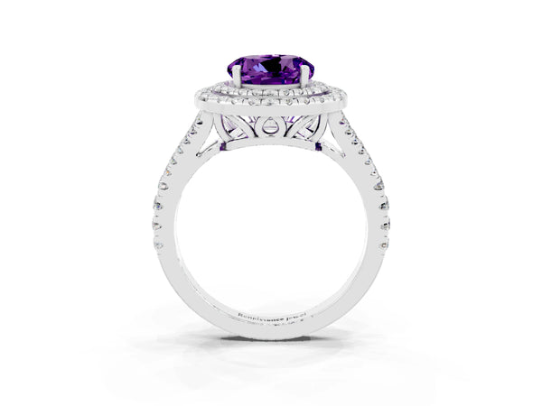 Platinum Round Cut Amethyst Double Halo Ring with Pavé Band and Prong Setting