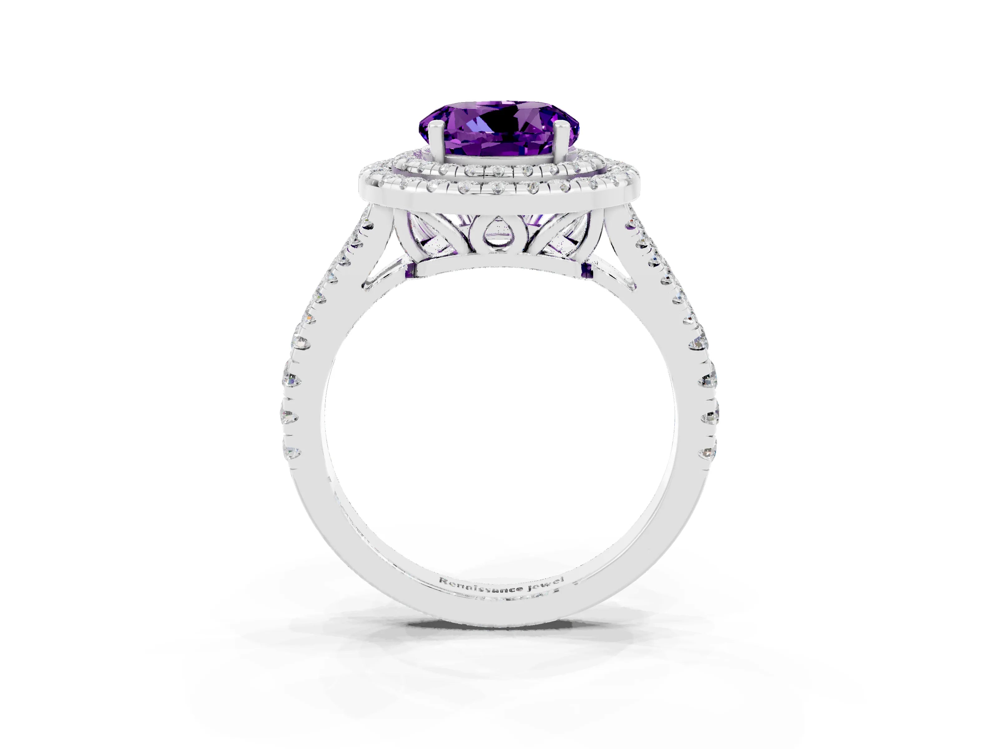 White gold Round Cut Amethyst Double Halo Ring with Pavé Band and Prong Setting_15