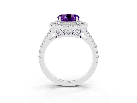 White gold Round Cut Amethyst Double Halo Ring with Pavé Band and Prong Setting_15