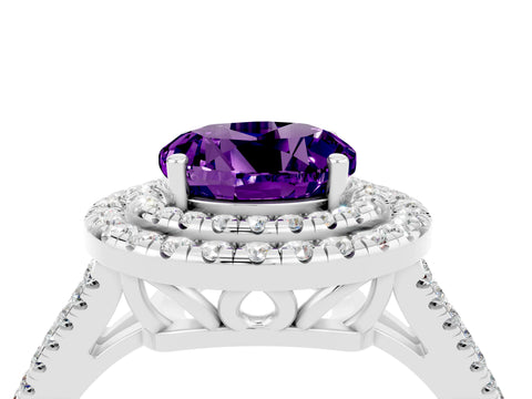 White gold Round Cut Amethyst Double Halo Ring with Pavé Band and Prong Setting_16