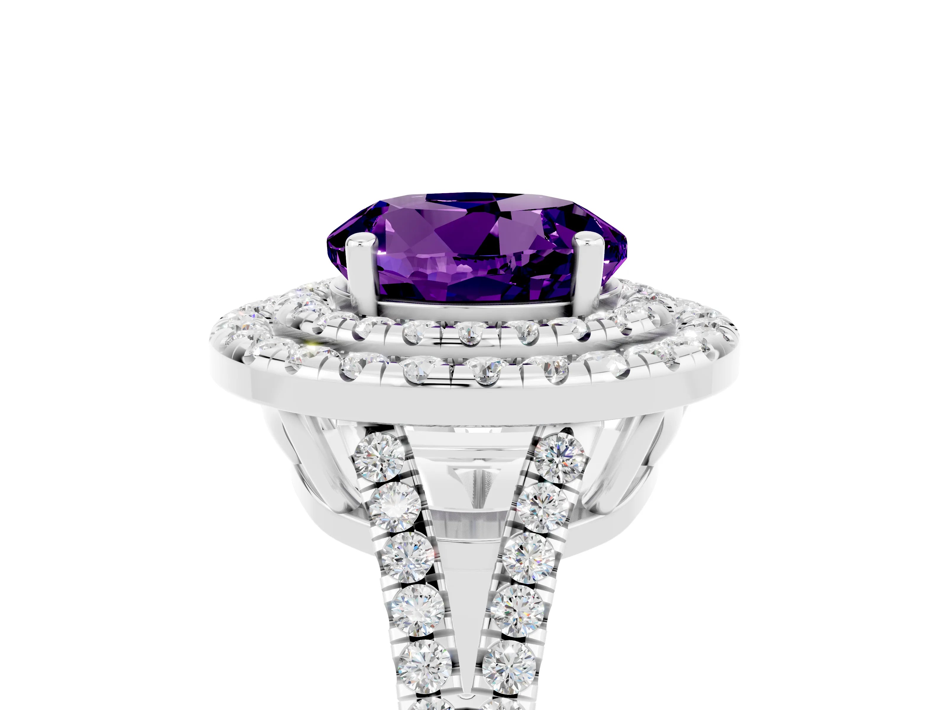 White gold Round Cut Amethyst Double Halo Ring with Pavé Band and Prong Setting_17