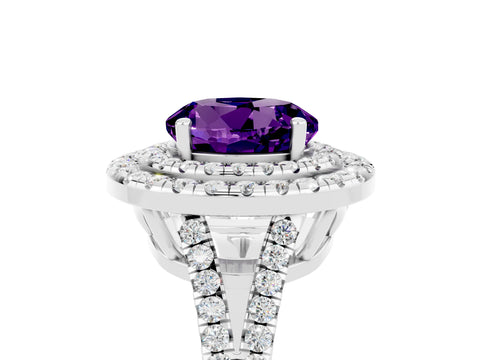 White gold Round Cut Amethyst Double Halo Ring with Pavé Band and Prong Setting_17