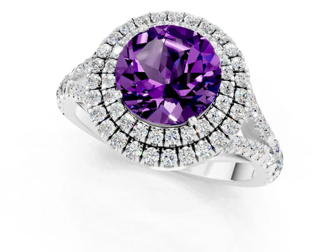 White gold Round Cut Amethyst Double Halo Ring with Split Shank and Prong Setting_13