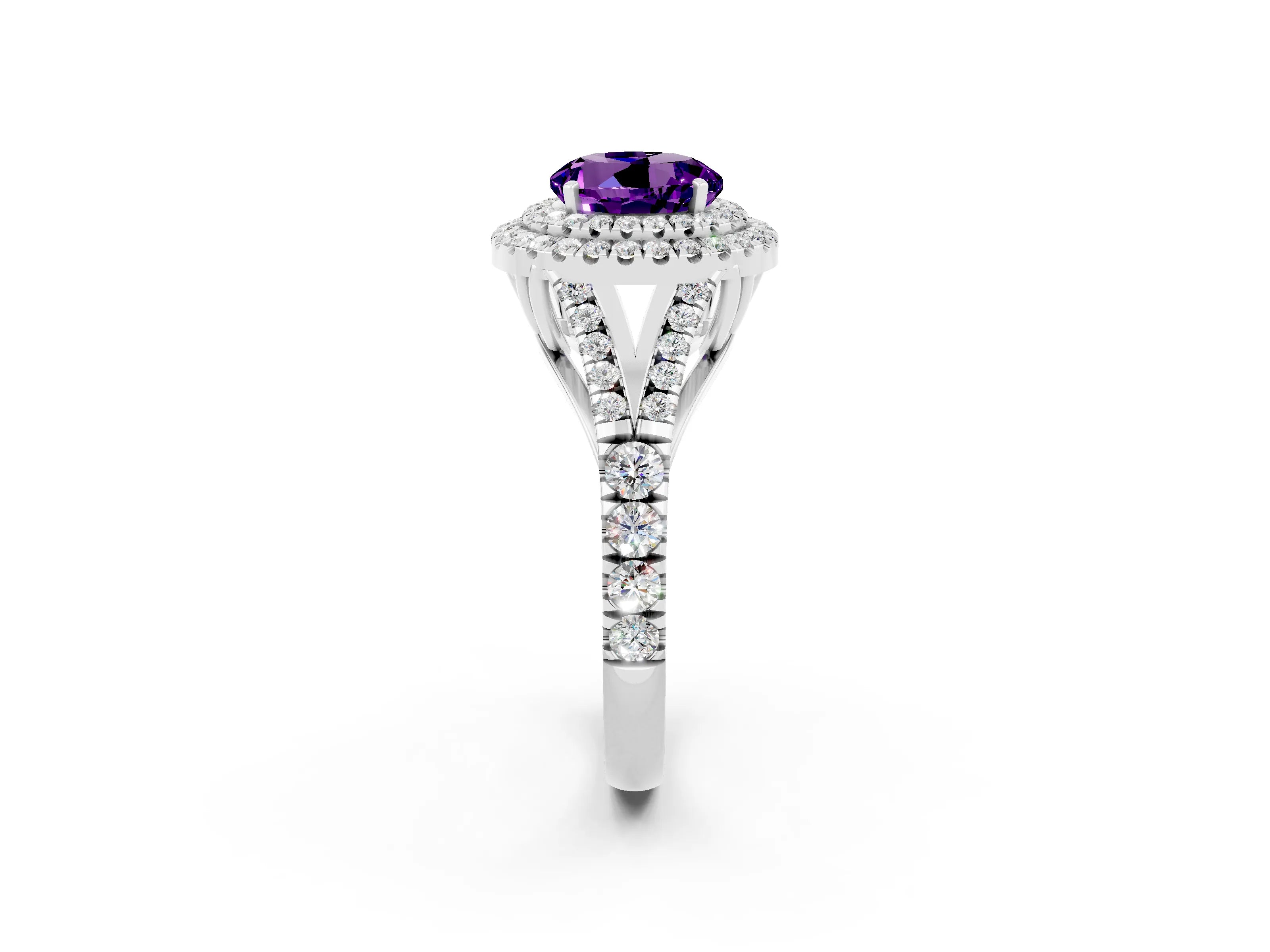 White gold Round Cut Amethyst Double Halo Ring with Split Shank and Prong Setting_14