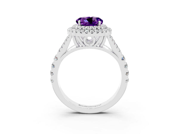 Silver Round Cut Amethyst Double Halo Ring with Split Shank and Prong Setting
