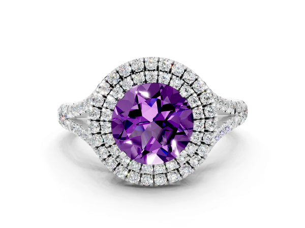 Platinum Round Cut Amethyst Double Halo Ring with Split Shank and Prong Setting