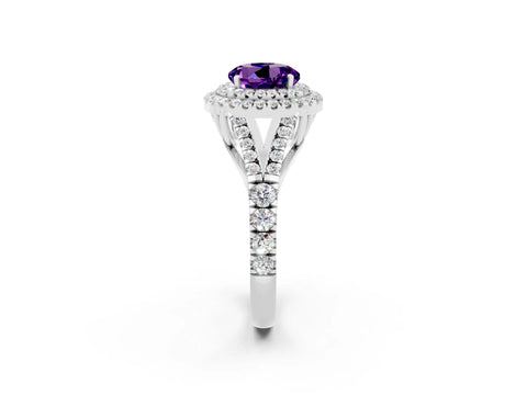 White gold Round Cut Amethyst Double Halo Ring with Split Shank and Prong Setting_26