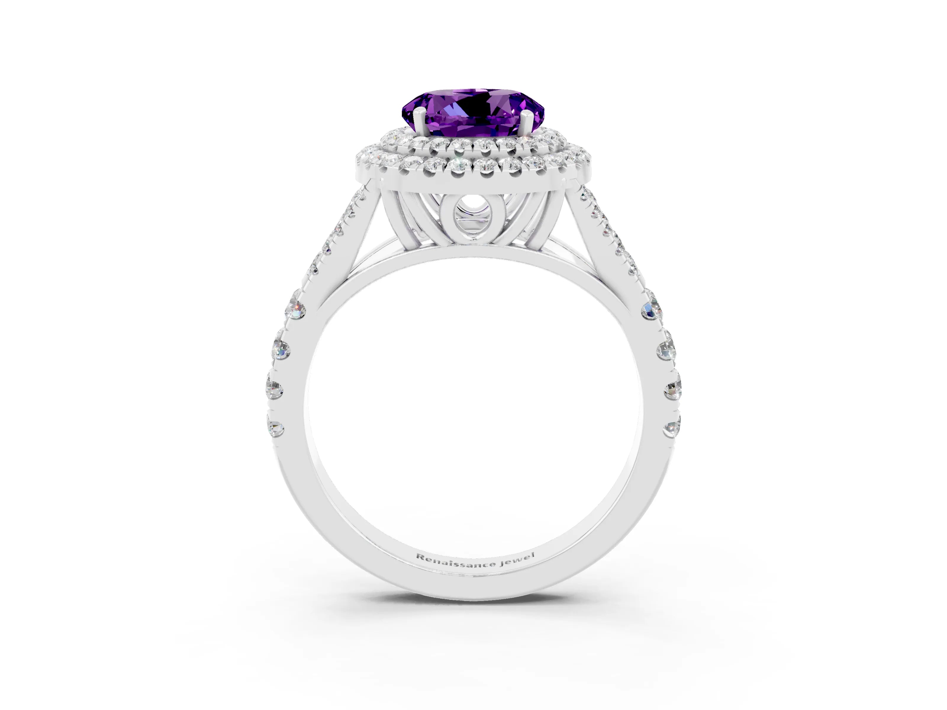 White gold Round Cut Amethyst Double Halo Ring with Split Shank and Prong Setting_27