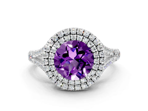 White gold Round Cut Amethyst Double Halo Ring with Split Shank and Prong Setting_30