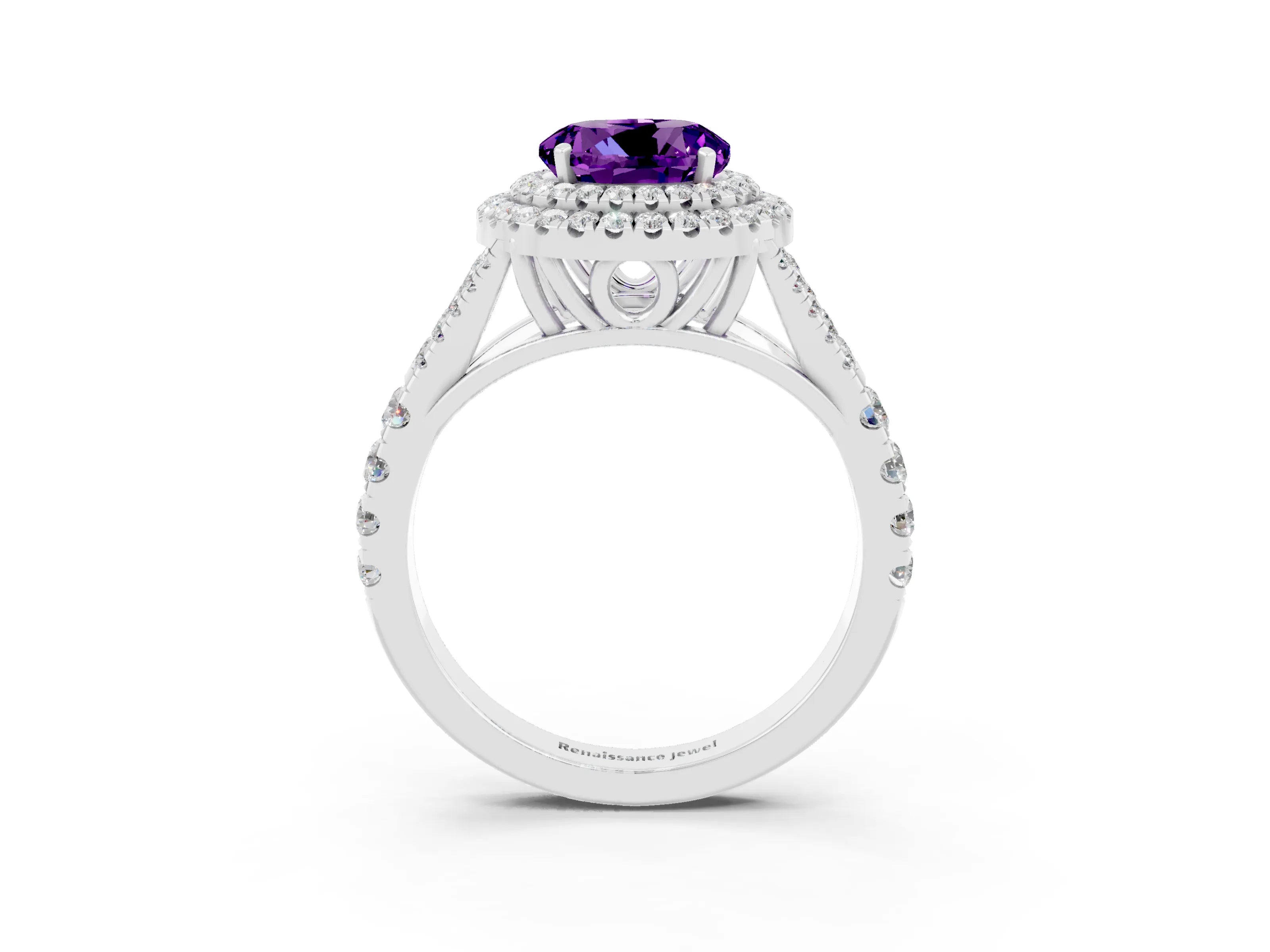 White gold Round Cut Amethyst Double Halo Ring with Split Shank and Prong Setting_33