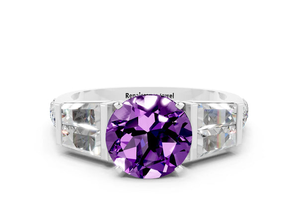 Platinum Round Cut Amethyst Engagement Ring with Baguette Side Stones and Channel Set Band