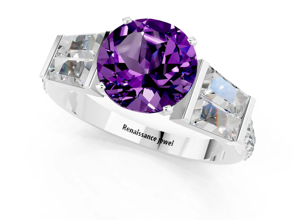 Platinum Round Cut Amethyst Engagement Ring with Baguette Side Stones and Channel Set Band