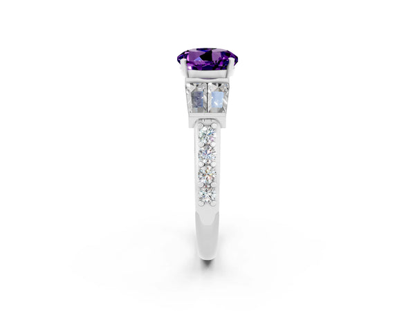 White gold Round Cut Amethyst Engagement Ring with Baguette Side Stones and Channel Set Band