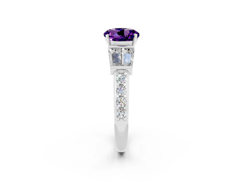 White gold Round Cut Amethyst Engagement Ring with Baguette Side Stones and Channel Set Band_2
