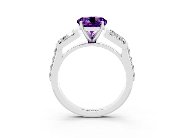 Silver Round Cut Amethyst Engagement Ring with Baguette Side Stones and Channel Set Band