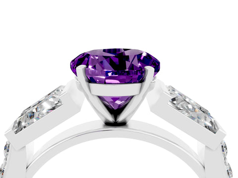 White gold Round Cut Amethyst Engagement Ring with Baguette Side Stones and Channel Set Band_4