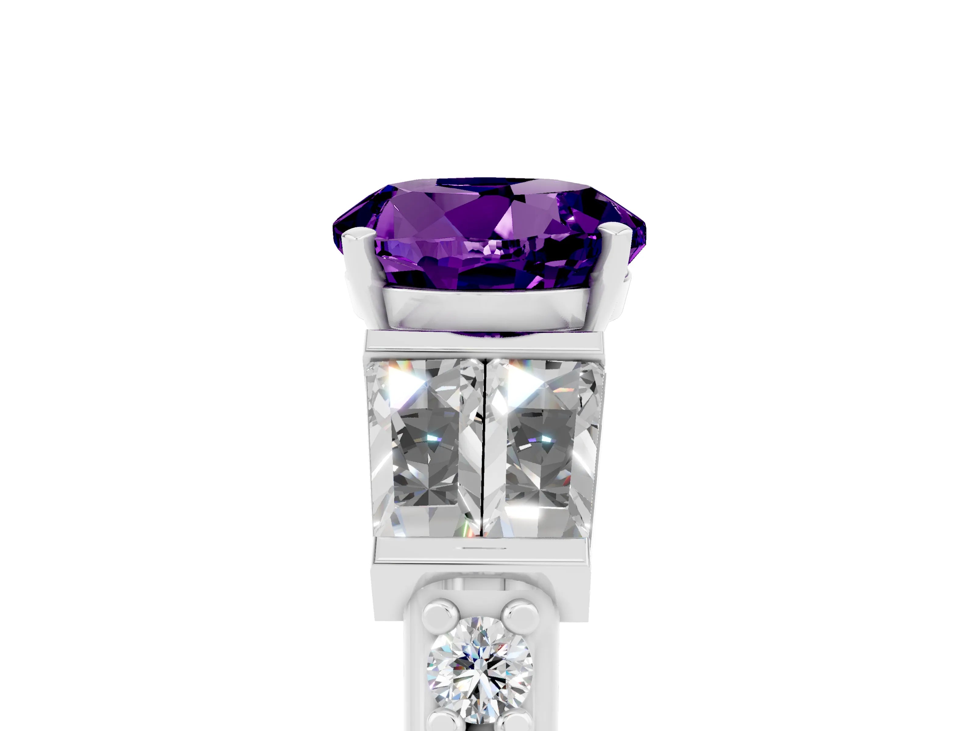 White gold Round Cut Amethyst Engagement Ring with Baguette Side Stones and Channel Set Band_5