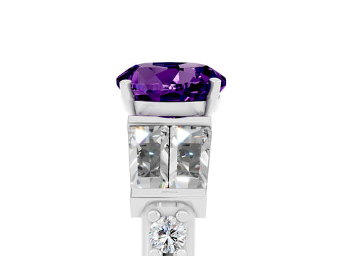 White gold Round Cut Amethyst Engagement Ring with Baguette Side Stones and Channel Set Band_5