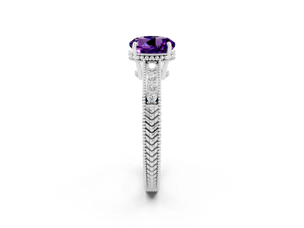 Silver Round Cut Amethyst Engagement Ring with Milgrain Channel Set Band and Prong Setting