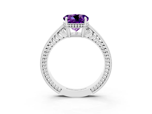 Platinum Round Cut Amethyst Engagement Ring with Milgrain Channel Set Band and Prong Setting