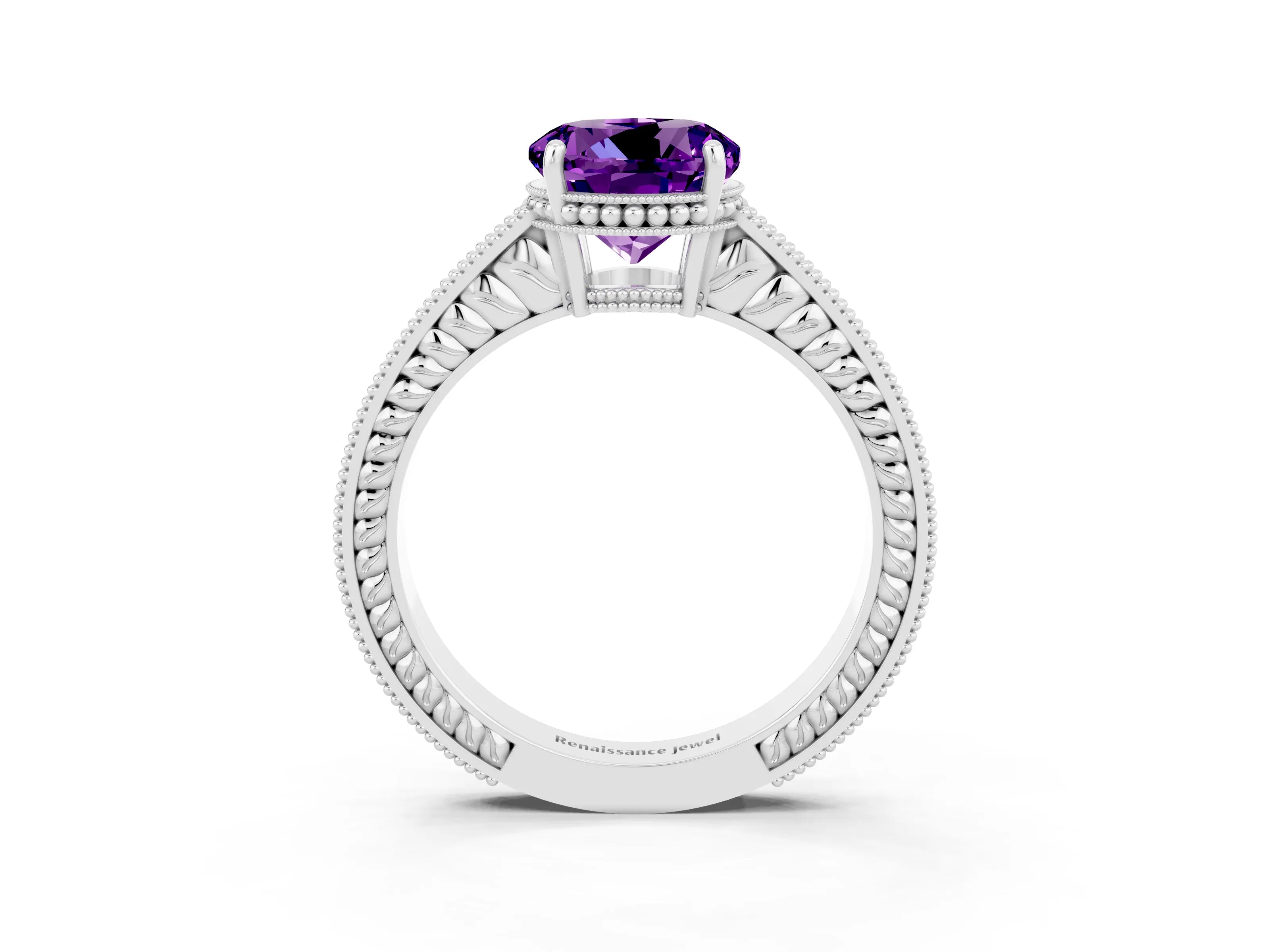 White gold Round Cut Amethyst Engagement Ring with Milgrain Channel Set Band and Prong Setting_3