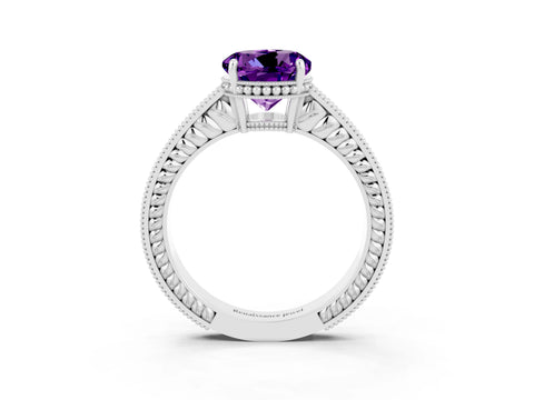 White gold Round Cut Amethyst Engagement Ring with Milgrain Channel Set Band and Prong Setting_3