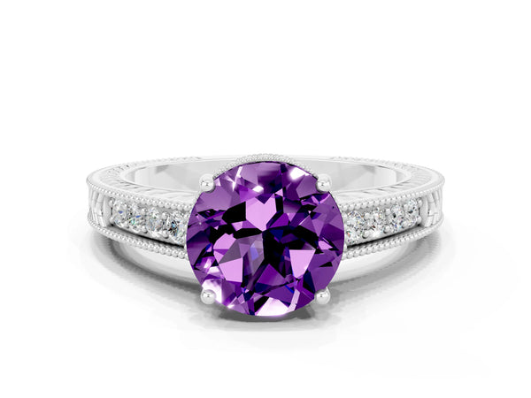 Silver Round Cut Amethyst Engagement Ring with Milgrain Channel Set Band and Prong Setting