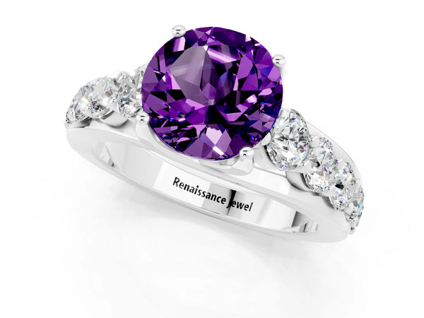 Silver Round Cut Amethyst Engagement Ring with Pavé Band and Four-Prong Setting