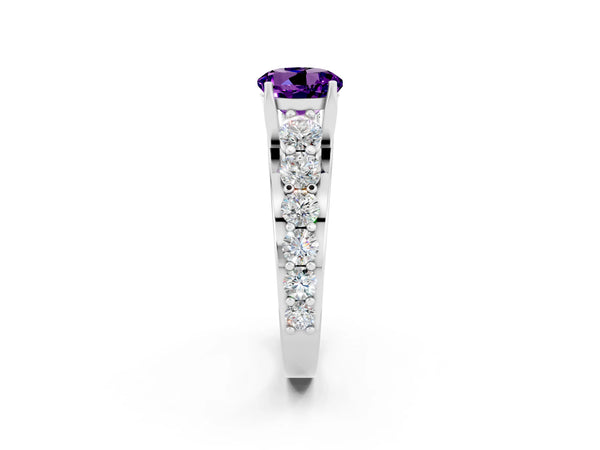 Platinum Round Cut Amethyst Engagement Ring with Pavé Band and Four-Prong Setting