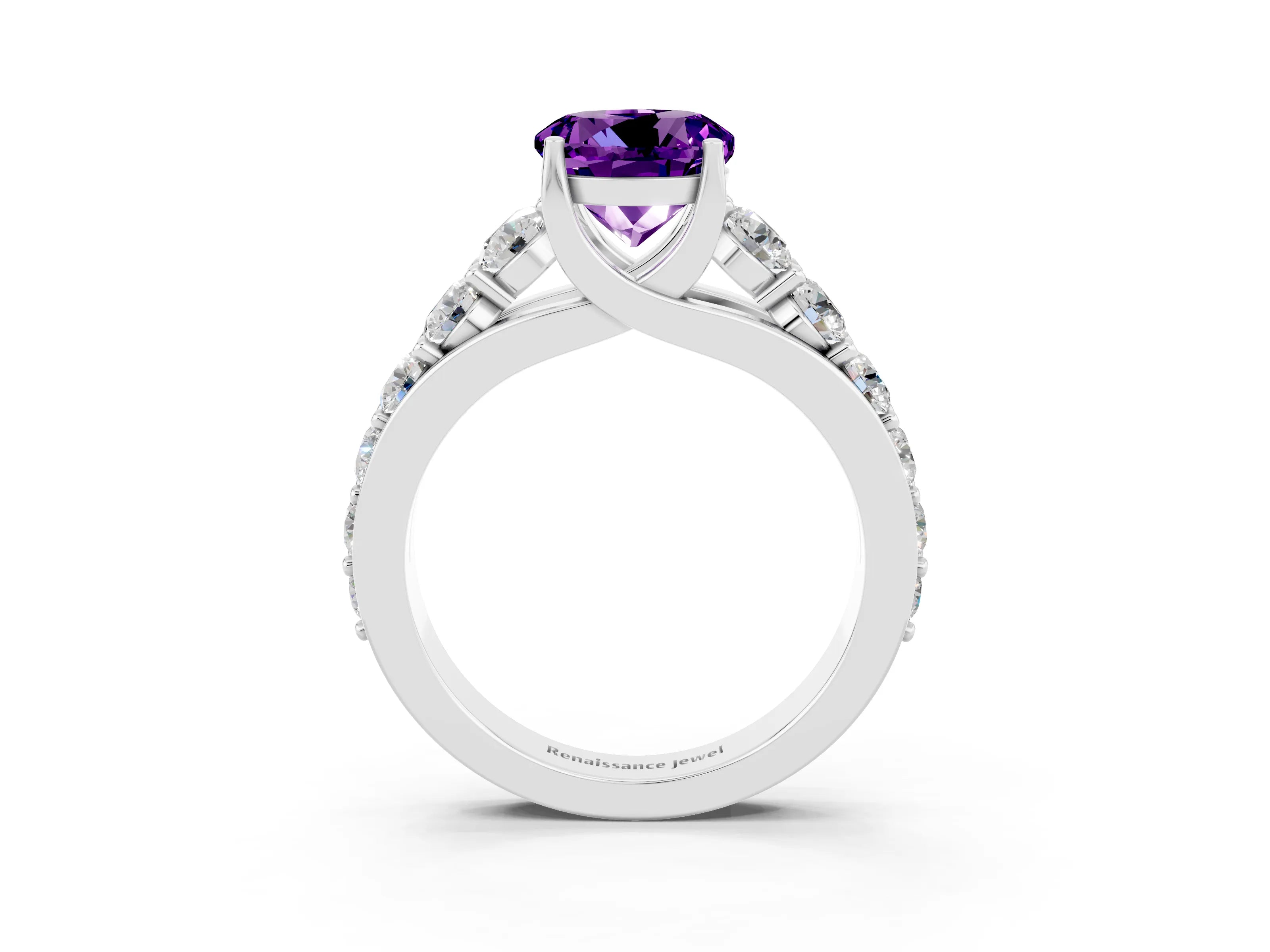 White gold Round Cut Amethyst Engagement Ring with Pavé Band and Four-Prong Setting_3