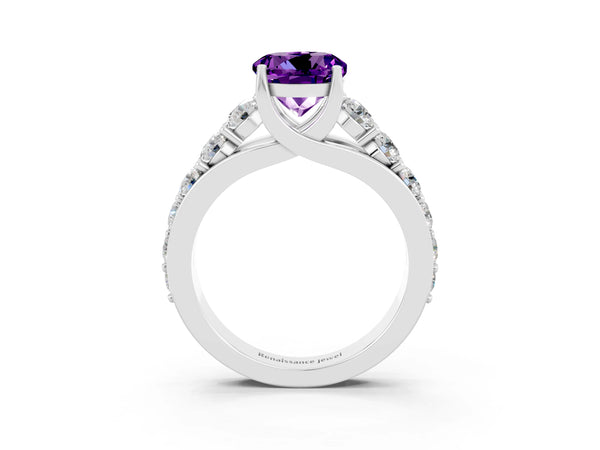 Platinum Round Cut Amethyst Engagement Ring with Pavé Band and Four-Prong Setting