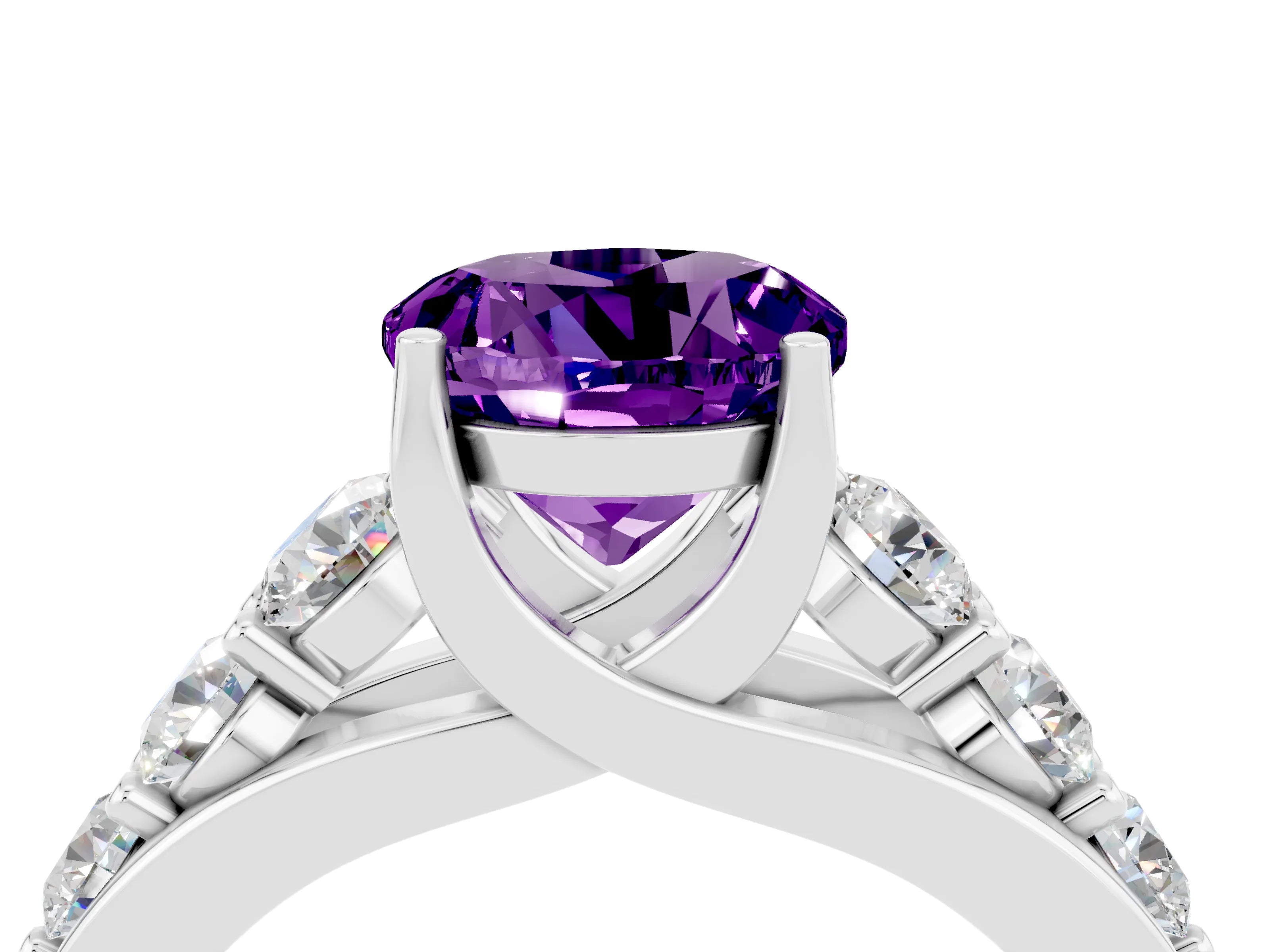 White gold Round Cut Amethyst Engagement Ring with Pavé Band and Four-Prong Setting_4