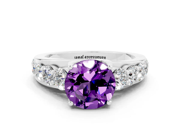 White gold Round Cut Amethyst Engagement Ring with Pavé Band and Four-Prong Setting