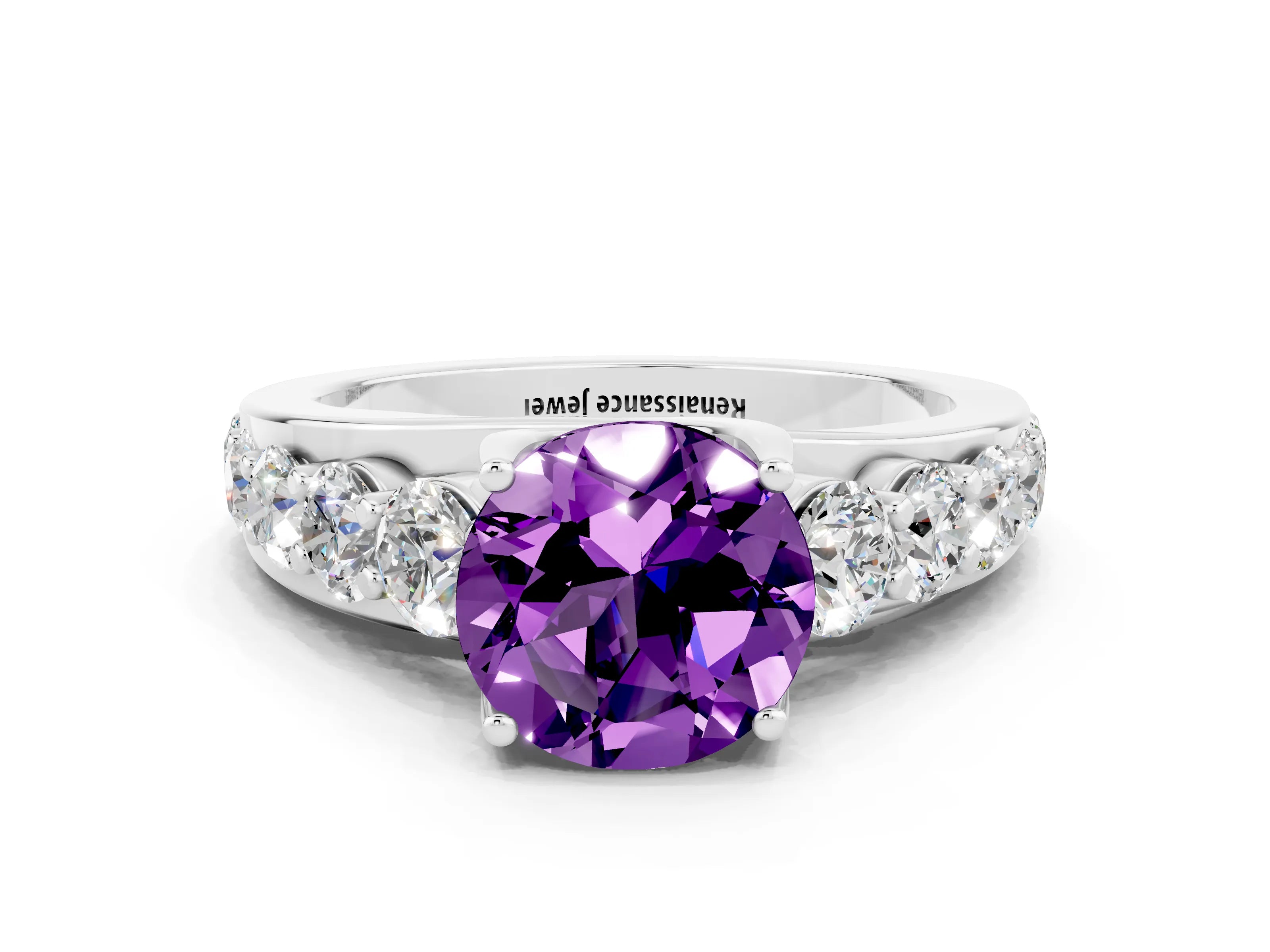 White gold Round Cut Amethyst Engagement Ring with Pavé Band and Four-Prong Setting