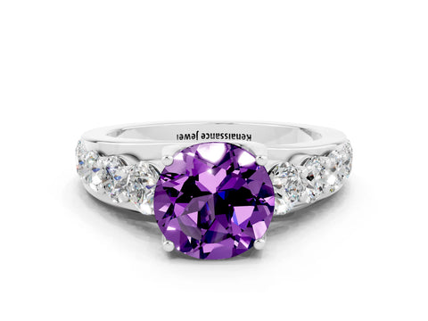 White gold Round Cut Amethyst Engagement Ring with Pavé Band and Four-Prong Setting